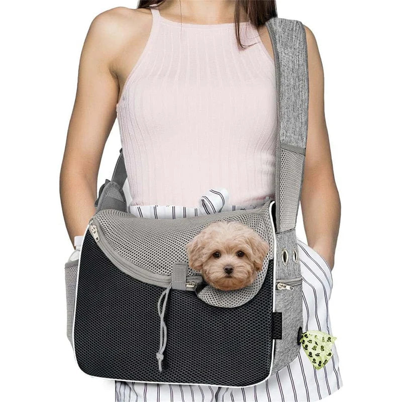 Dog Sling Carrier Mesh Backpack Pet Cat Puppy Comfort Travel Tote Shoulder Bag Zipper Closure Eco-Friendly Leather Polyester