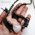 NM42861 Soldered Jewelry Natural Gemstone Pyrite Clear Crystal Quartz Heart Shape Fringe Necklace Gunmetal Gunblack Plated