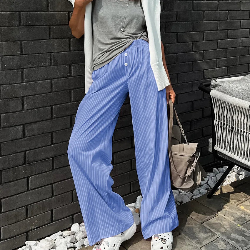 Enyami New Casual Women's Striped Wide Leg Pleated Pants Trousers Streetwear INS Fashion Loose High Waist Long Pants
