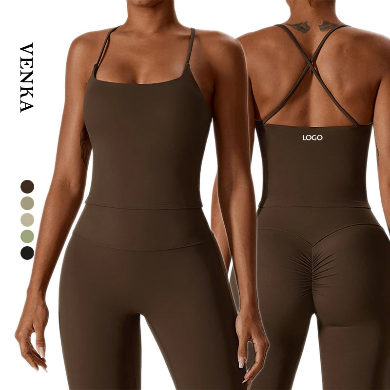 Ladies Sexy Cross Straps Fitness Wear Beautiful Back Widened Hemline Sleeveless Vest Running Sport Breathable Yoga Bra Tank Tops