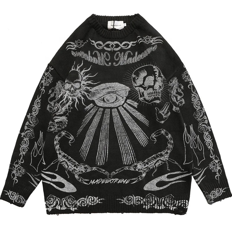 Oversized Sweater Men Women Harajuku Skull Graffiti Retro Vintage Knitted Sweater Unisex Cotton Pullover 2023 Autumn and Winter