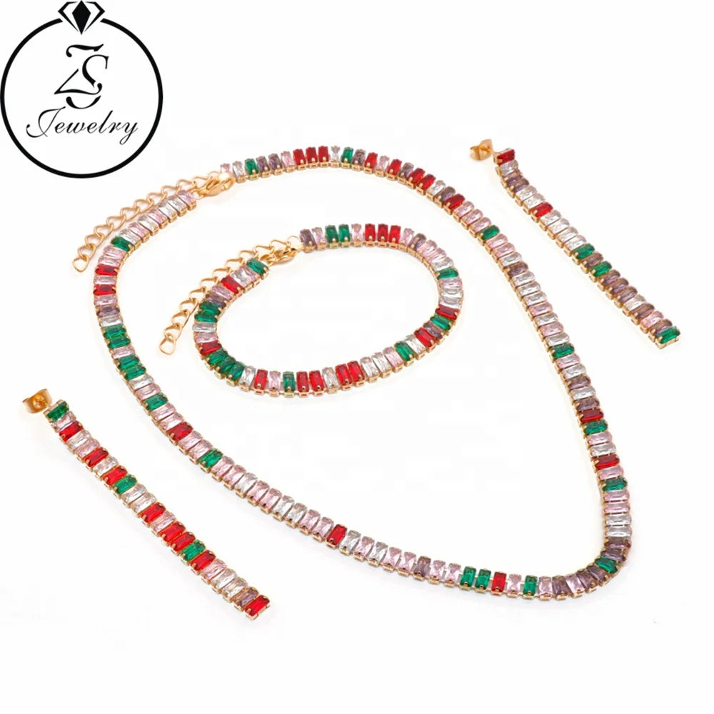 18K Gold Plated Crystal Bracelet Necklace Earrings Jewelry Set for Women for Party or Wedding Titanium Main Material