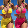 2023 New Swimwear Bright Diamond Solid Color Long Dress Mesh Three Piece Bikini Set