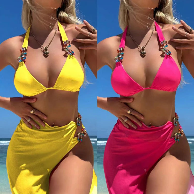2023 New Swimwear Bright Diamond Solid Color Long Dress Mesh Three Piece Bikini Set