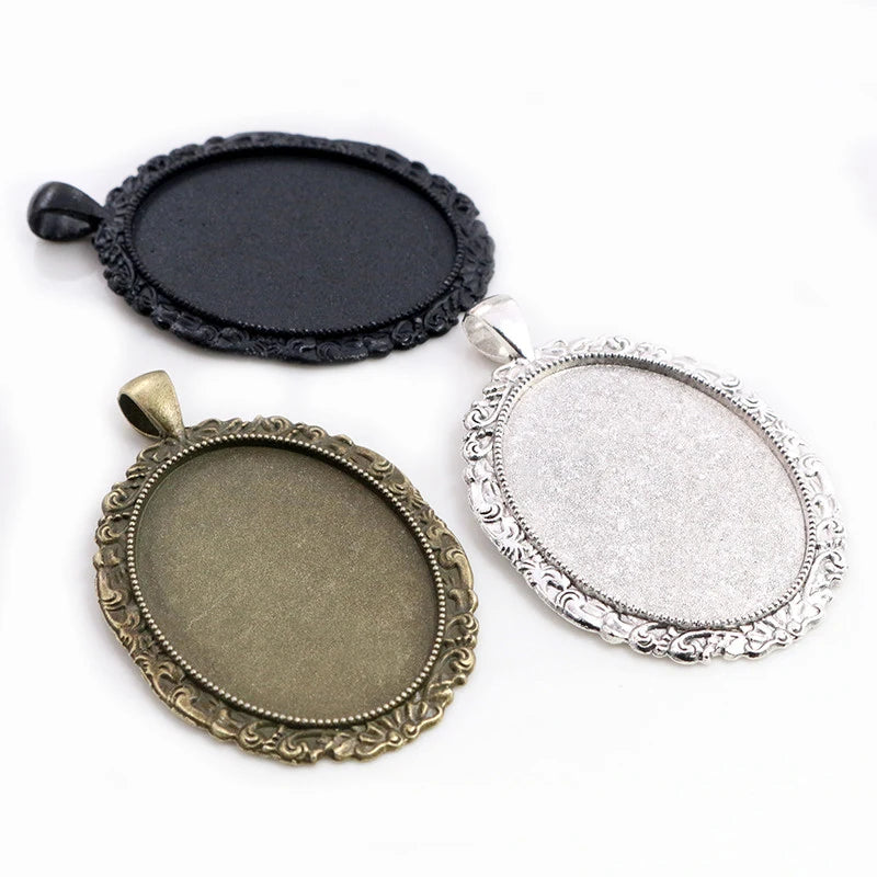30x40mm Inner Size Antique Silver Black Bronze Plated Flower Style Cabochon Base Setting Charms DIY Pendant Bezel Trays