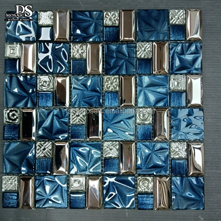 Sky Blue Color Glitter 3D Pattern Irregular Shape Electroplated Modern Backsplash Wall Tile Glass Bathroom Interior Decorations