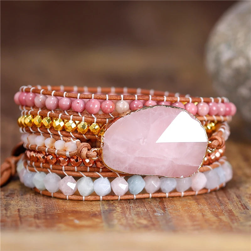 YueTong Women Crystal Beads Leather Bracelet Yoga Natural Stones Rose Quartz 5 Strands Wrap Bracelets Bohemian Beads Bracelet