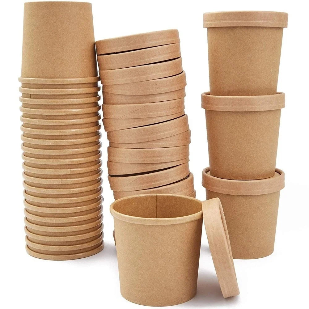 Disposable Kraft Paper Food Packaging Container Waterproof Takeaway Soup Salad Paper Bowl