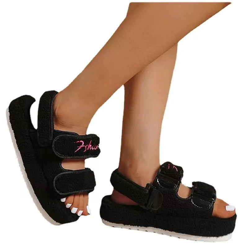 New Fashion Autumn and Winter Sandals Female Hook and Loop Fasteners Embossed Wool Sandals