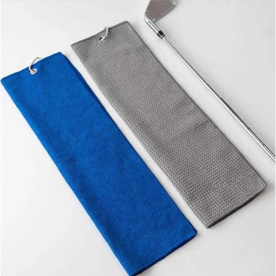 16\"x16\" Tri-fold Waffle Pattern Microfiber Golf Towel in Blue Black Grey White with Carabiner Clip