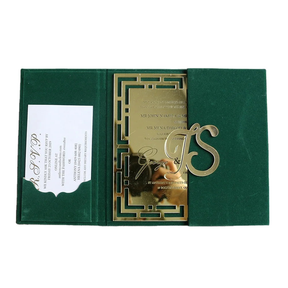 Multi Color Hardcover Gatefold Green Invitation Wedding Cards Laser Cut Mirror Acrylic Engagement Party Invitations Design