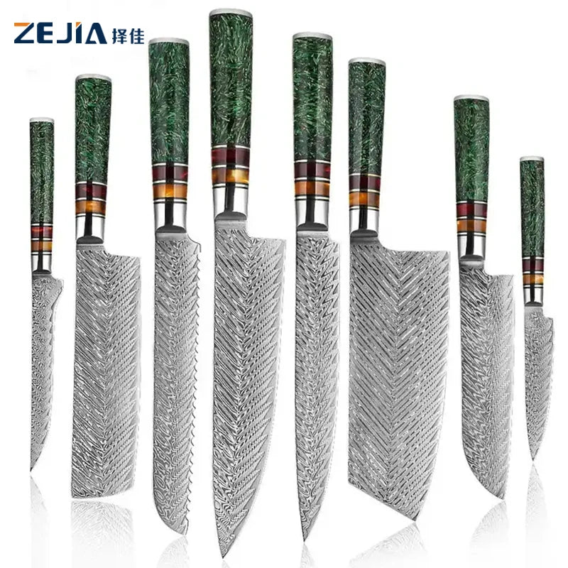 8-Pcs Kitchen Knife Set Damascus Steel VG10 Chef Knife Thin Sharp Edge Japanese Kitchen Knives Cutting Green Resin Handle