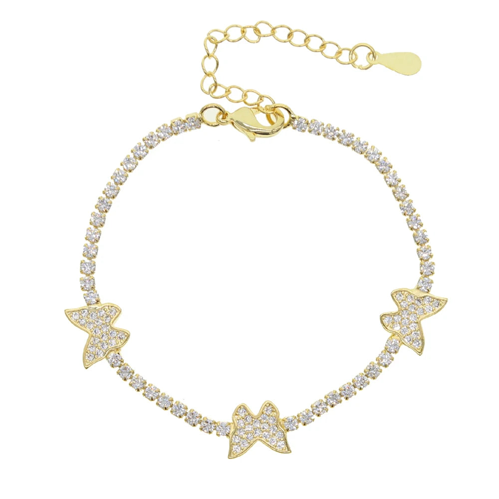 Hot Sale Gold Plated Stainless Steel Ankle Bracelets Bling Iced Out Tennis Chain Crystal Butterfly Bracelet Woman
