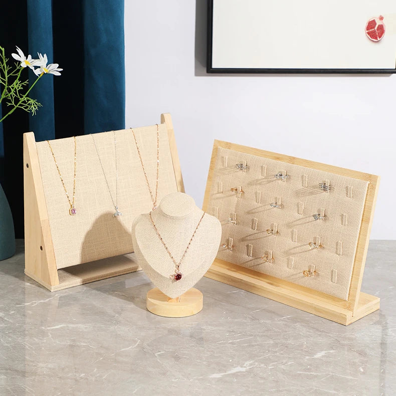 Fashion Bamboo Linen Necklace Bracelet Ring Jewelry Display Rack Pendant Watch Jewelry Shop Storage Stand Jewelry Display Holder
