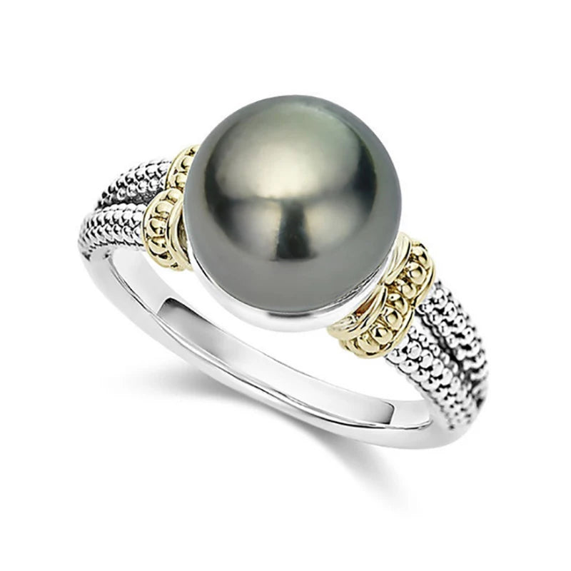Wholesale 925 Silver Plated Engagement Ring Simple Fashion Round Grey Pearl for Female Jewelry