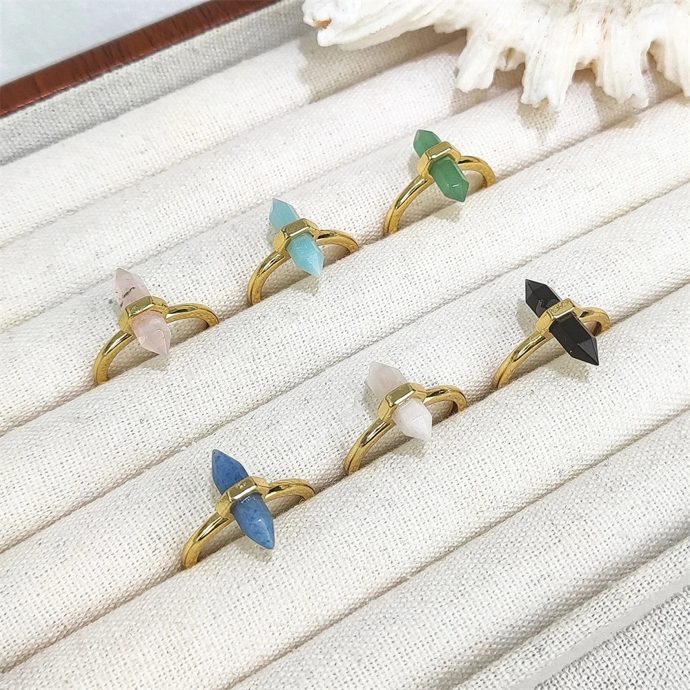 Factory Direct Sale Natural Gemstone Amethyst Tiger Eye Hexagon Point Shape Stone Smoky Quartz Ring Women Gifts 18k Gold Rings