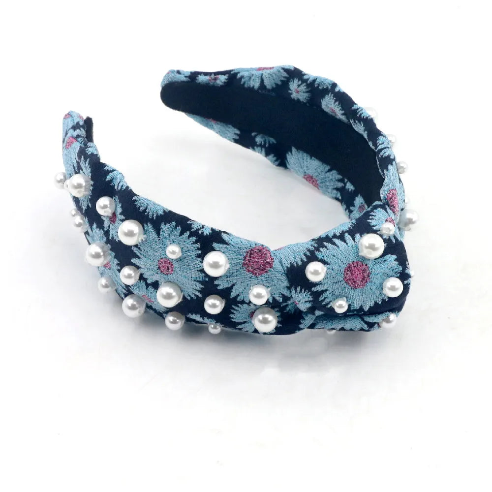 Luxury Custom Flower Blue Brocade Daisy Pearls Beaded Headband Top Knot Hand Sewn for Girls Hand Made Headband MegaBDM