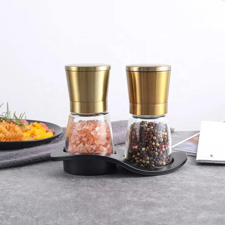 Golden 2 in 1 Salt and Pepper Grinder Set Manual Salt and Pepper Grinder Spice Grinder Mill Stainless Steel with Silicone Base