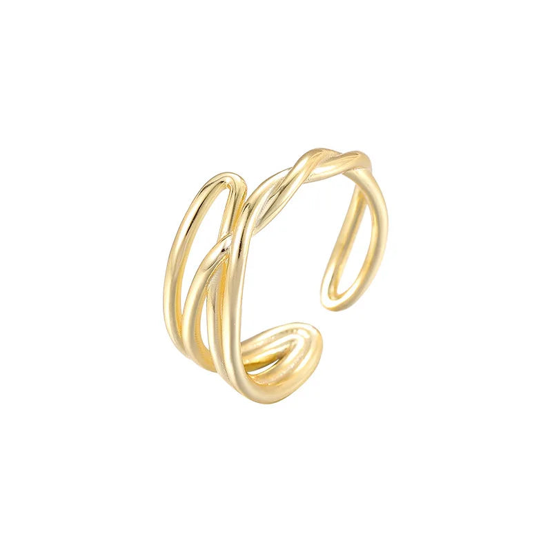 Minimalist Jewelry 925 Sterling Silver Plain Irregular Asymmetrical Weaved Gold Plated Open Rings for Women