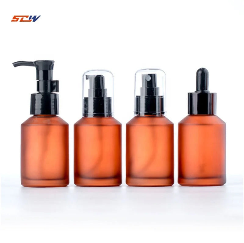 Wholesale Custom 60ml 100ml Empty Frosted Essential Oil Lotion Cosmetic Glass Pump Bottle