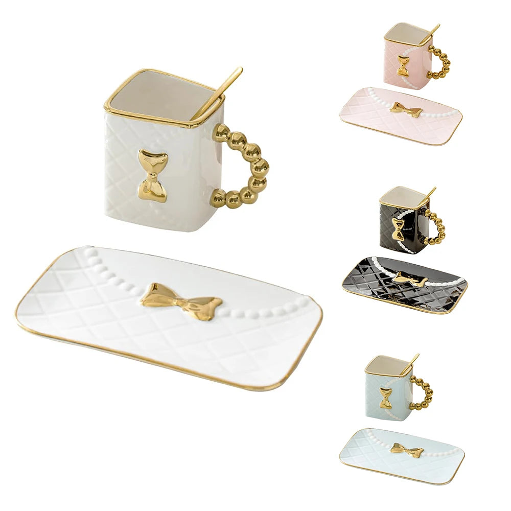 10 Oz 310 ml Cute Creative Design Set 4 Coffee Ceramic Mug Set Handbag Coffee Mug Travel Tea Cup and Saucer for Christmas Gifts