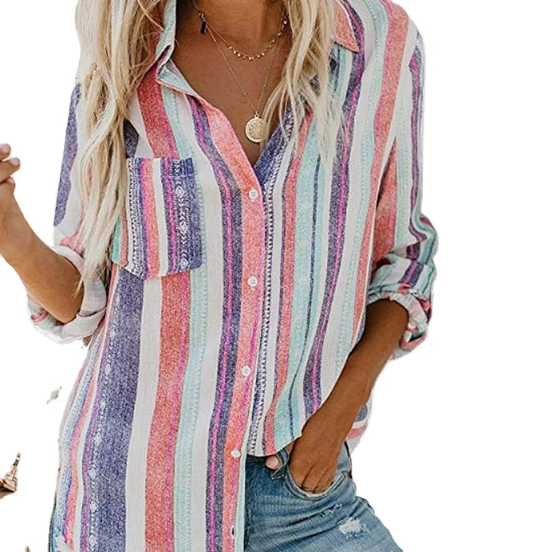 RNSHANGER Fashion Woman Shirts New Style Color Vertical Stripe Print Button Long Sleeve Shirt Daily Single Breasted Work Blouse