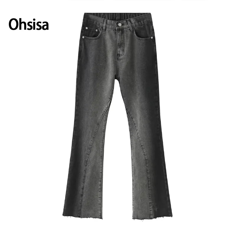 Ohsisa Men's Micro-Pants New Fashion Retro Elastic Waist Korean Gradient Small Horn Pants Distressed Straight Casual Mid-Waist