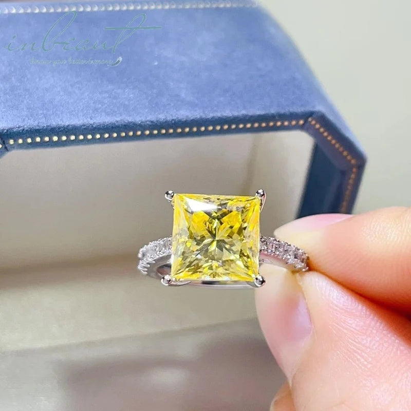 925 Silver Original 3 Carat Brilliant Princess Cut Pass Diamond Test Lemon Yellow Moissanite Wedding Ring Women Fine Jewelry