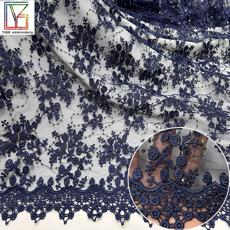 Navy Blue 100% Polyester Sequins Embroidery Lace Party Dress Mesh Tulle Sequins Embroidery Bridal Lace Fabric