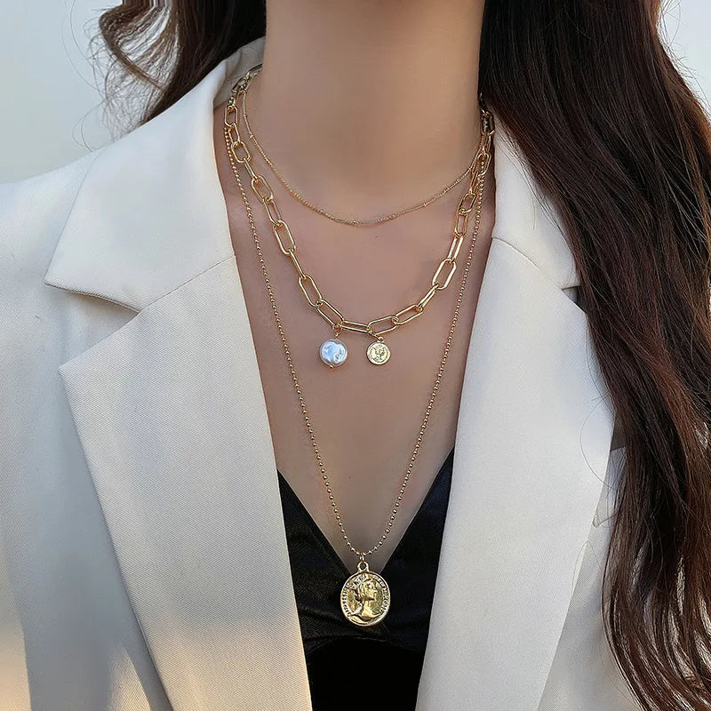 HOVANCI Stainless Steel Necklaces for Women Jewelry 11 Pearl Portrait Pendant Layered Necklace Sets