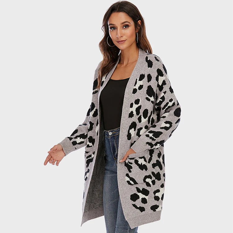 Women's Oversize Leopard Print Jacquard Knitting Cardigan V-Neck Over Knee Long Winter Sweater with Buttons Wholesale Price