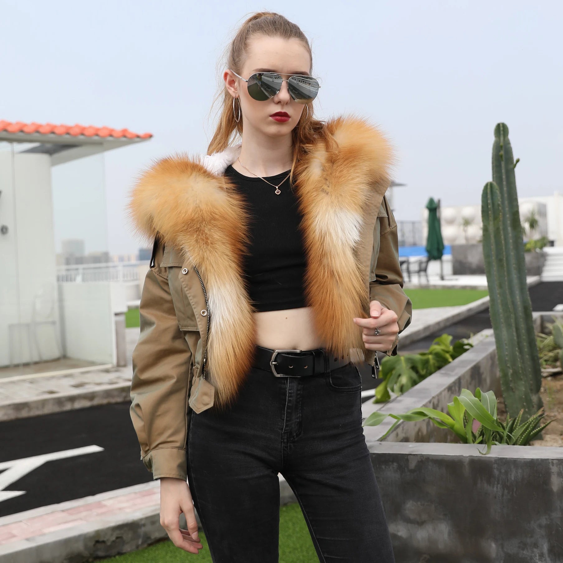 Women Winter Thick Fur Lined Natural Red Fox Fur Hood Parka