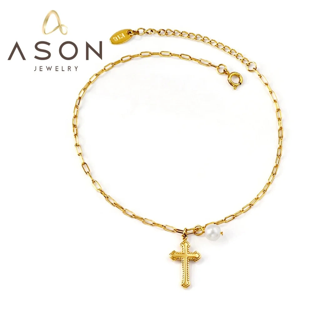 Ason Jewelry Hot Sale New Design Stainless Steel Anklet 18k Gold Plated Cross White Pearl Charm Anklet for Women