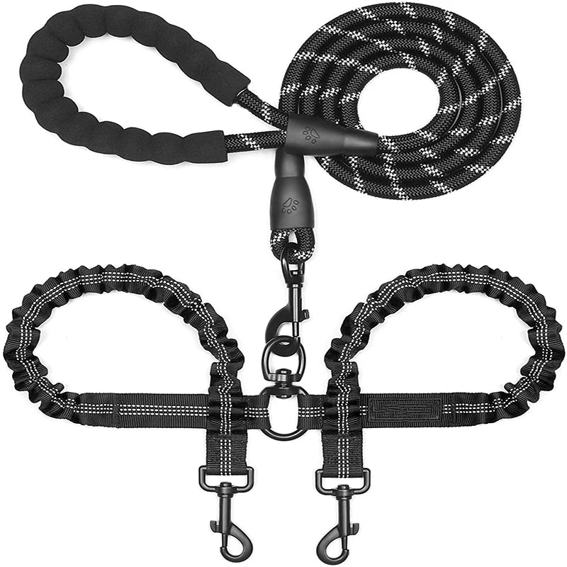 Tangle Free Braided Rope Dual Non Slip Safety Three Triple Swivel High Black Color Dog Leash Nylon With Clip Rubber Grip