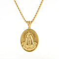 2023 New Stainless Steel Oval Religious Jewelry Necklace 18k Gold Plated 3D Relief Virgin Mary Pendant Necklace