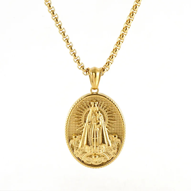 2023 New Stainless Steel Oval Religious Jewelry Necklace 18k Gold Plated 3D Relief Virgin Mary Pendant Necklace