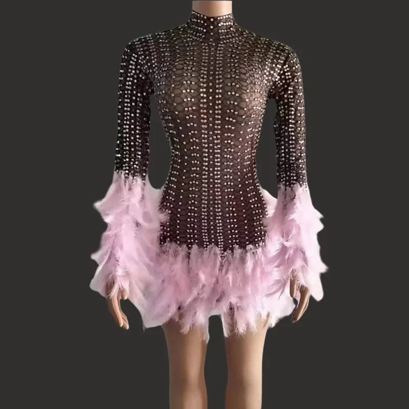 Luxury Performance Dresses Glitter Diamonds Womens Mini Dresses Solid Club Party Stage Dance Wear With Feather