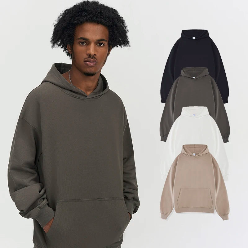 Men's Oversized Drop Shoulder Custom Logo Plain Hoody Sweatshirts 440G Cotton Plain Black Pullover Hoodies