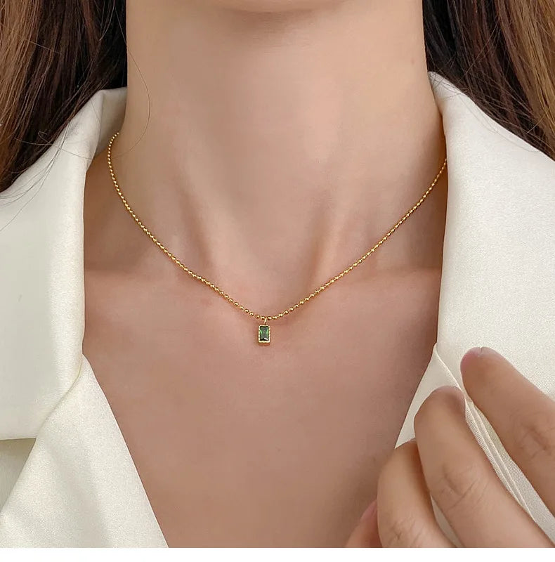 2025 New Stainless Steel Jewelry PVD 18K Gold Plated Emerald Square Zircon Pendant Choker Necklace Waterproof