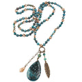 New Design Jewelry Knotted Marine Picture jasper Crystal Glass Beads Necklace Alloy Leaf Gemstone Pendant Necklace