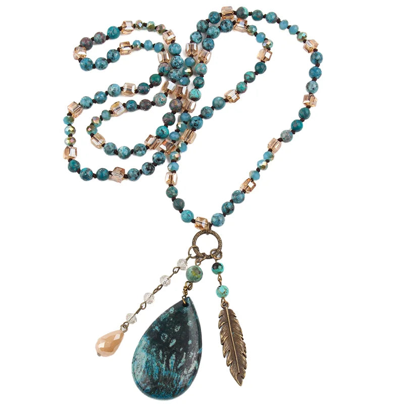 New Design Jewelry Knotted Marine Picture jasper Crystal Glass Beads Necklace Alloy Leaf Gemstone Pendant Necklace
