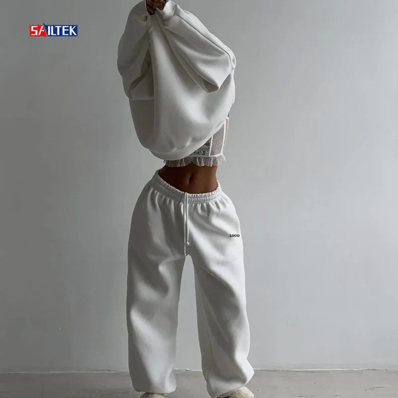 Strrtwear Women Clothing 2026 Casual Custom Tracksuit 2 Piece Set Knitted Cotton Sweatshirt and Sweatpants Set