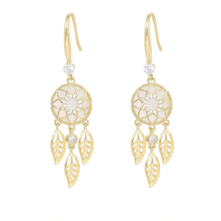 SC 2023 Hot Selling Gold Plated Flower Leaves Earrings Girls Fashion Opal Zircon Long Tassel Dreamcatcher Earrings for Women