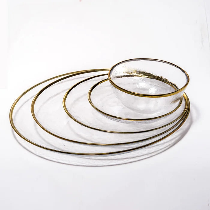 2025 Eco-Friendly Round Glass Charger Plates Gold Rim Minimalist Wedding Event/Camping Party Plates with Color Enamel Technique