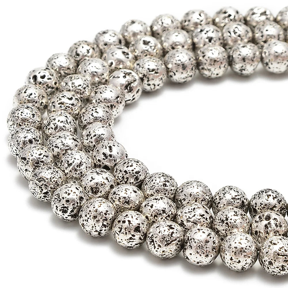 8mm Silver Lava Electroplated Plated Lava Gemstone Loose Beads for Jewelry Making Pumice Rock Lava Stone Loose Beads Liwan Plaza