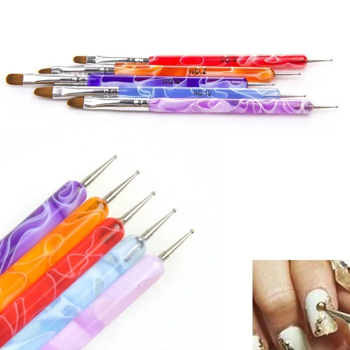 2 Way Multifunction Pen Brush Nail Art Brush Set Gel Nail Salon Brush Finger Nail Dotting Tools