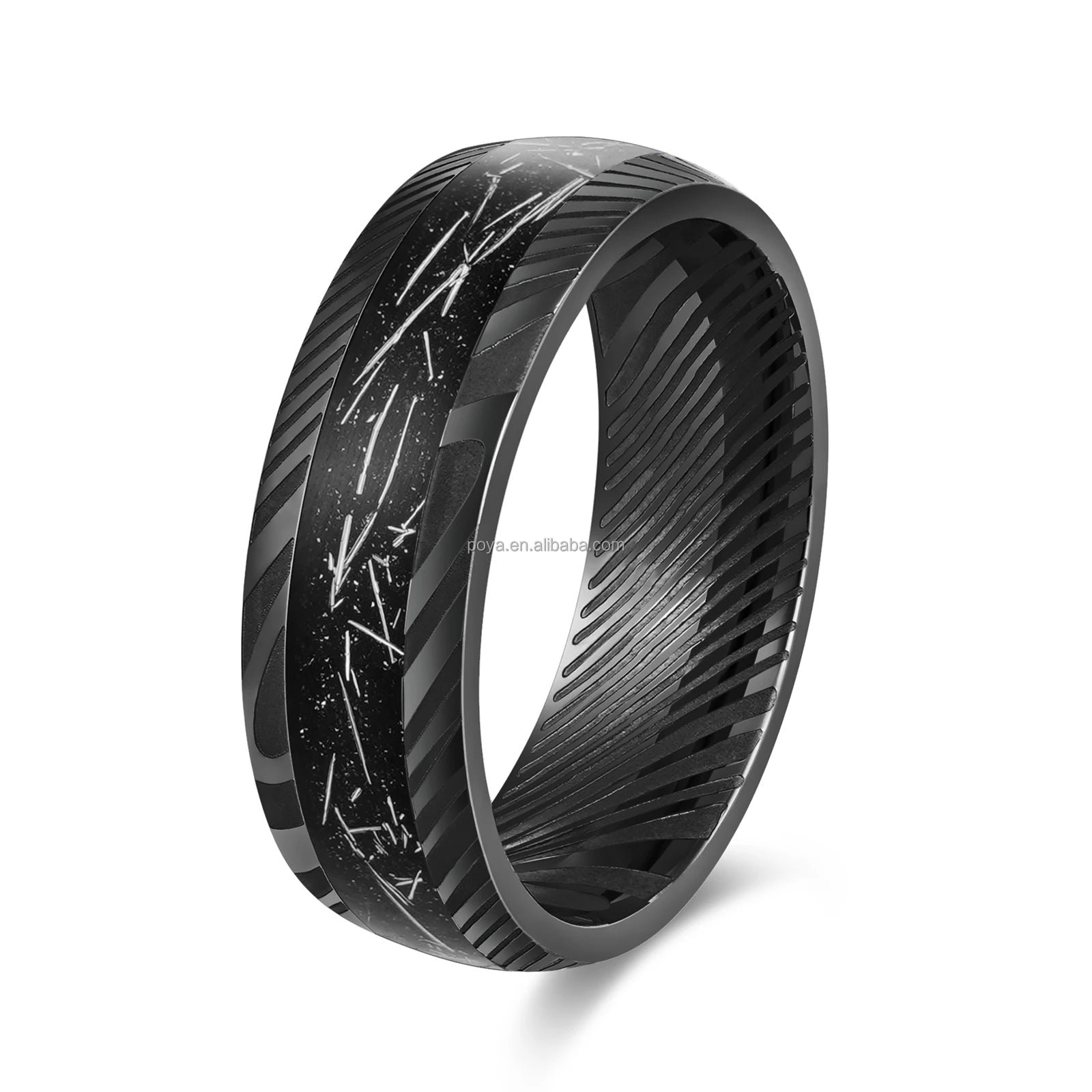 POYA Men's Ring Black 8mm Meteorite Inlay Stainless Steel Ring Etch Damascus Steel for Mens Wedding Band Fashion Jewelry