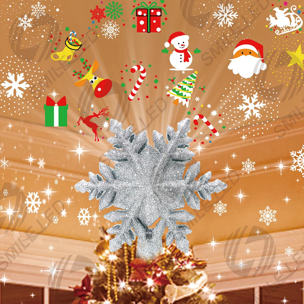 Christmas Tree Topper Decorations Projector Light 3D Rotating Hollow Glitter Snowflake Xmas Tree Decor With 6 Projection Star