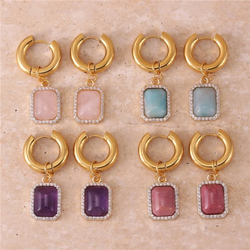 Luxury Bling Zircon Square Dangle Hoop Earrings Boho Gold Natural Stone Huggie Earrings Women Jewelry Wholesale Dropship