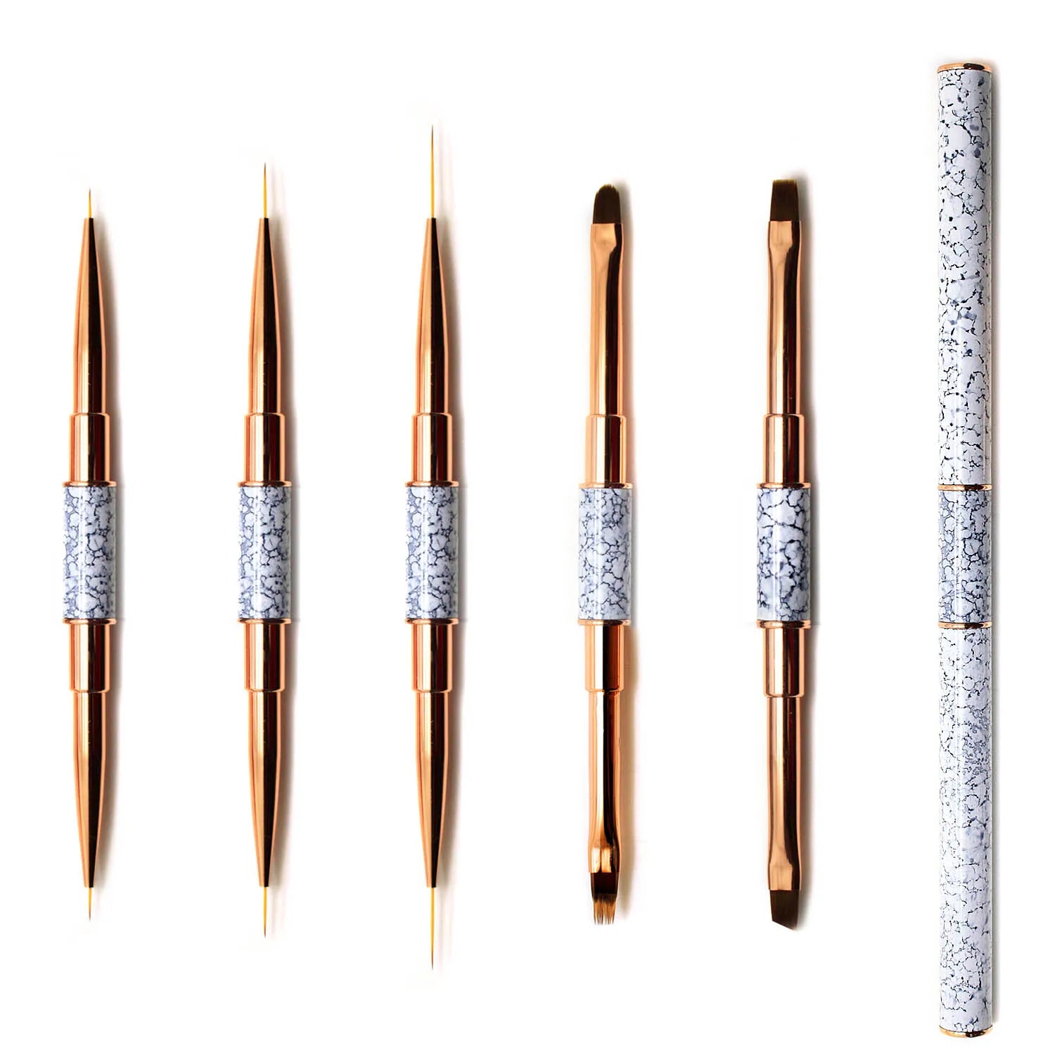Marble Metal Handle Nail Painting Line Brush Tools Wholesale Rose Gold Nail Brush Set Double Head